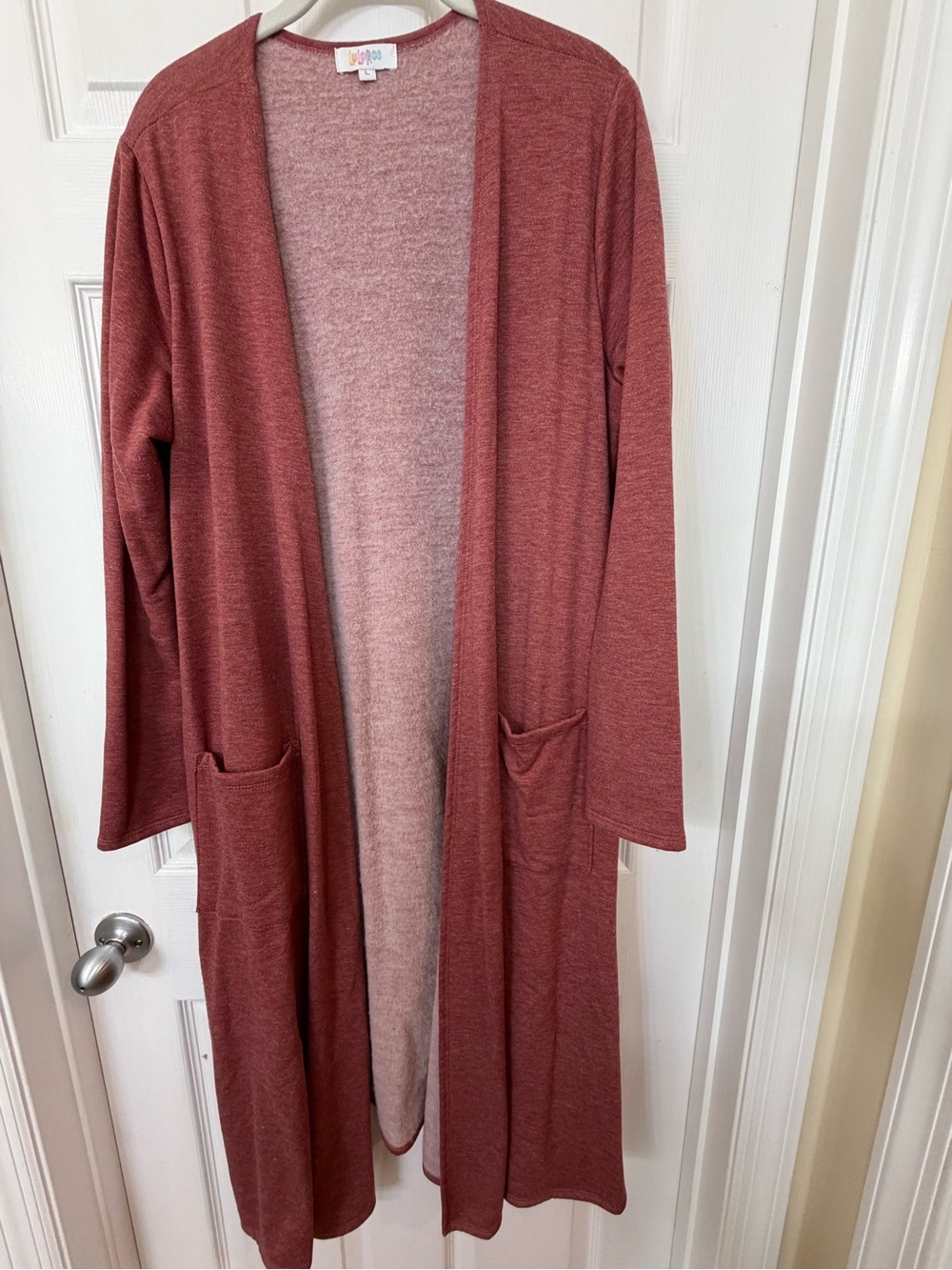 LuLaRoe Sarah Long Duster Cardigan Sweater with Pockets – Size Large
 - Rosewood